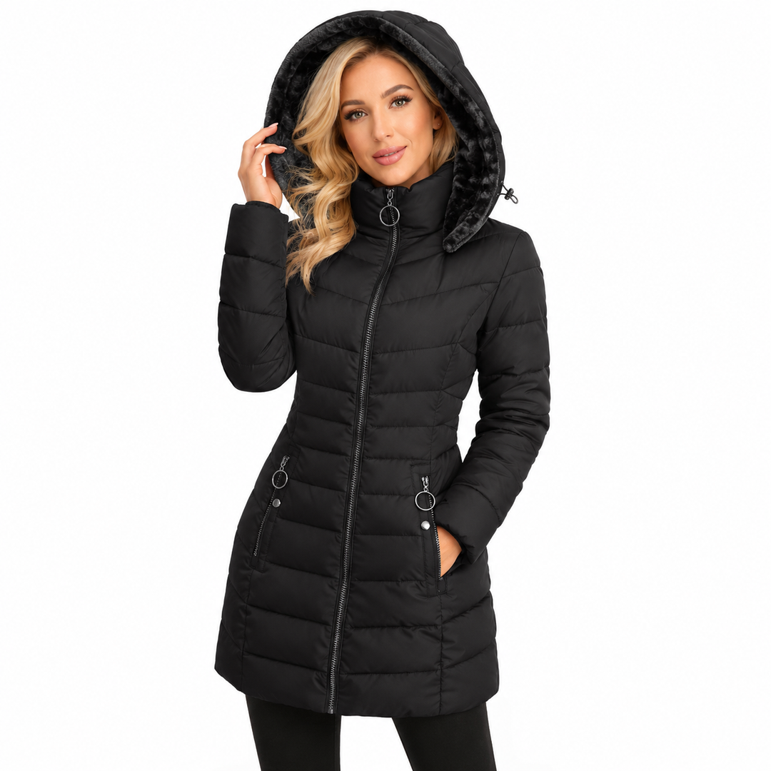 Warm zip up hoodie coat for women with sculpted quilting, soft inner feel and easy layering over casual winter outfits easily
