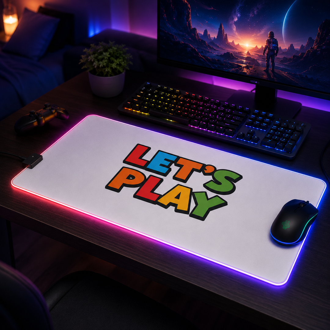 LED gaming mouse pad with included USB cable, glowing edge lights and a stable rubber base for quick plug and play desk setup
