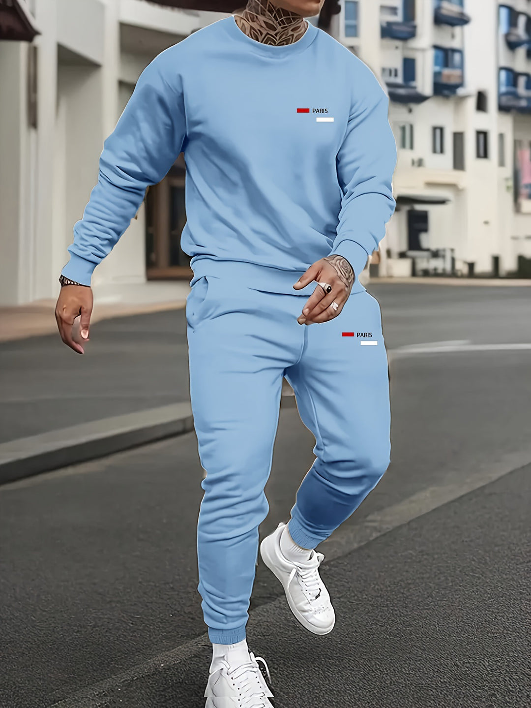 Light blue men's fleece hoodie set with matching joggers drawstring hood relaxed style