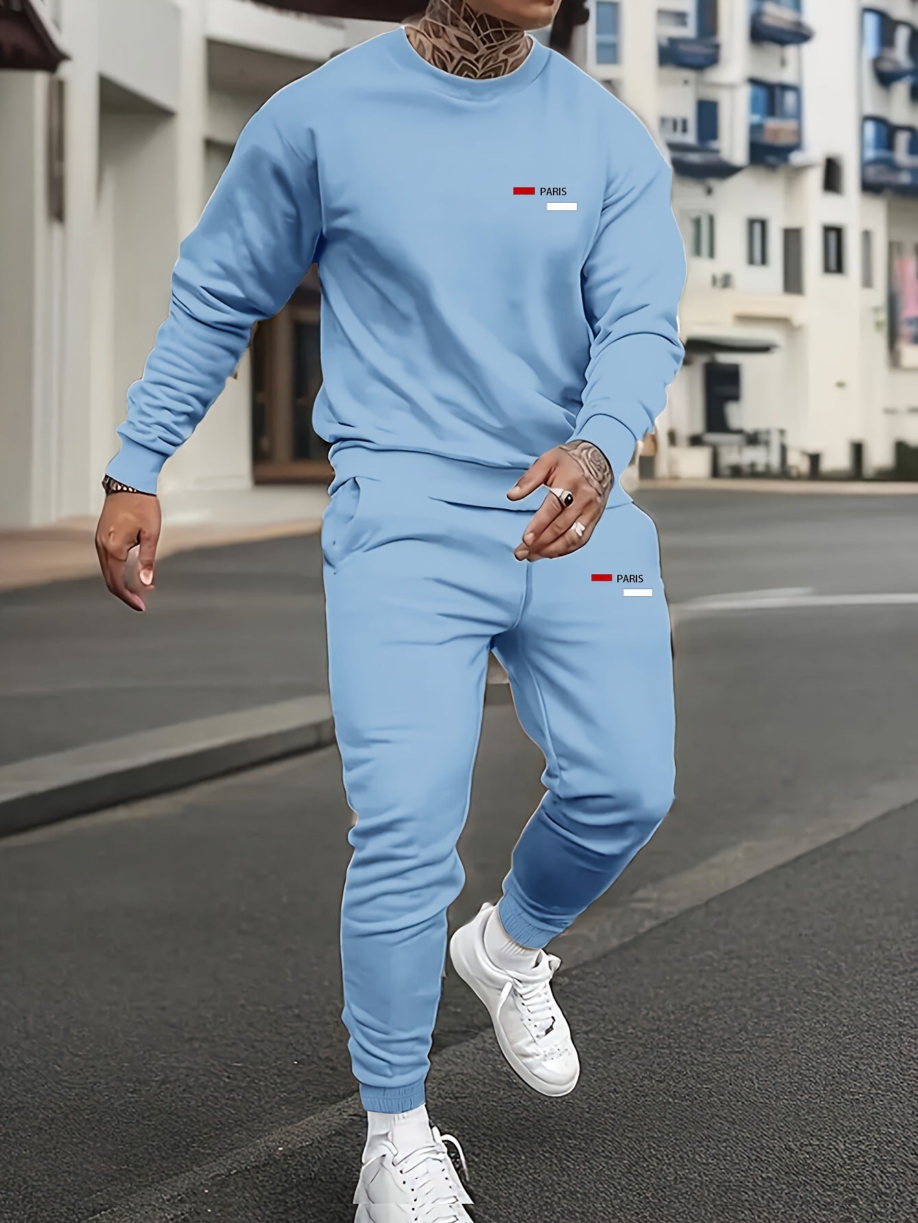 Light blue men's fleece hoodie set with matching joggers drawstring hood relaxed style