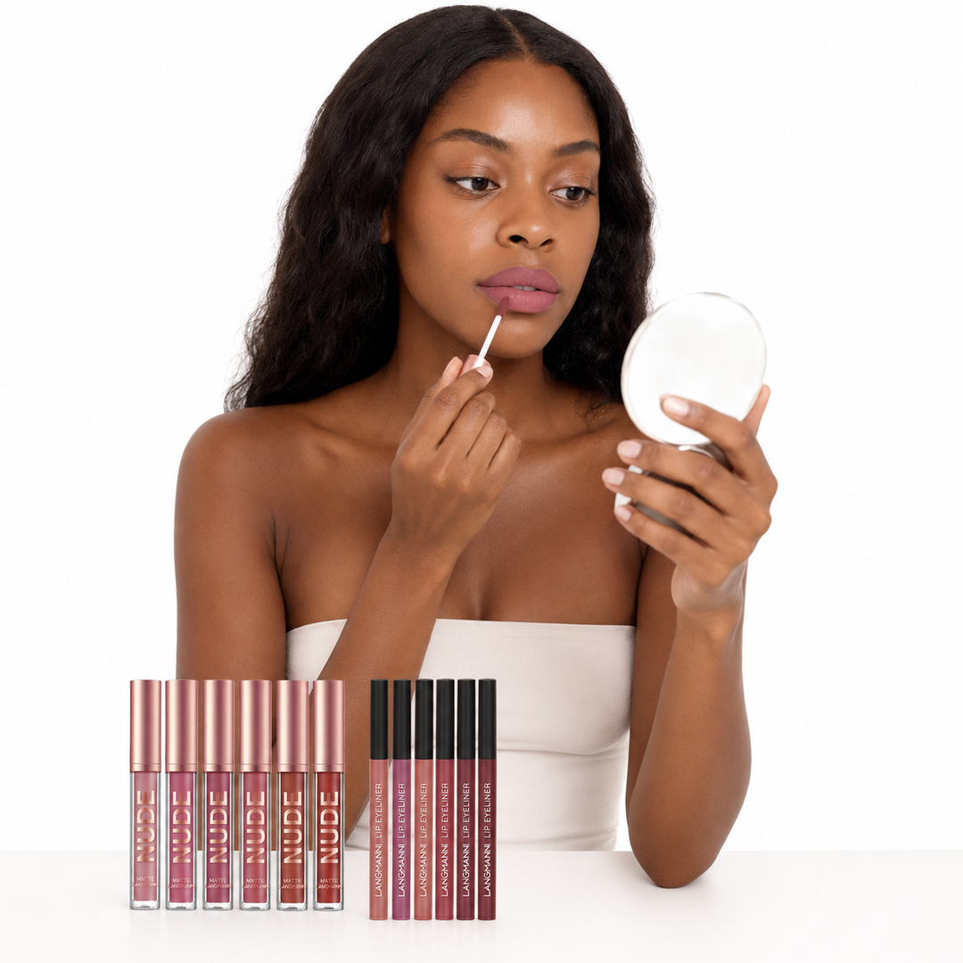 Six matte liquid lipsticks paired with six lip liner pens in a 12-piece waterproof makeup set designed for precise lip looks.

