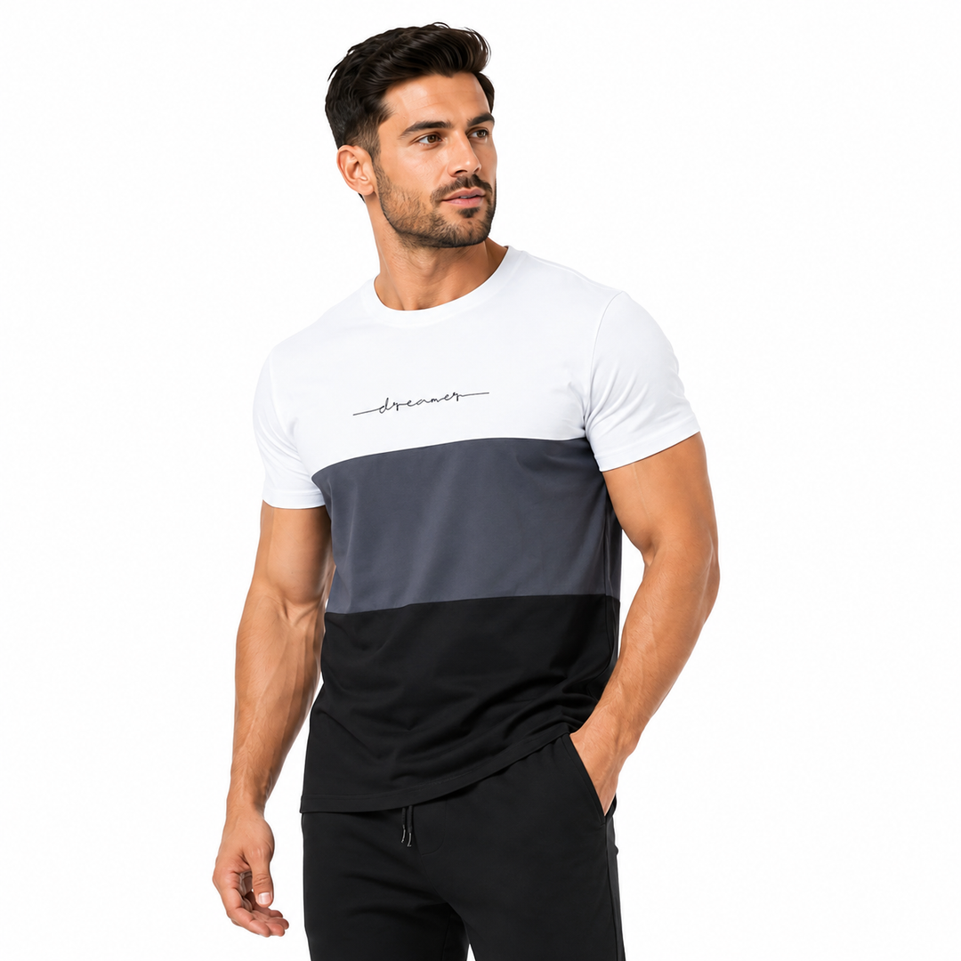 Men’s color block t-shirt with short sleeves and athletic casual style