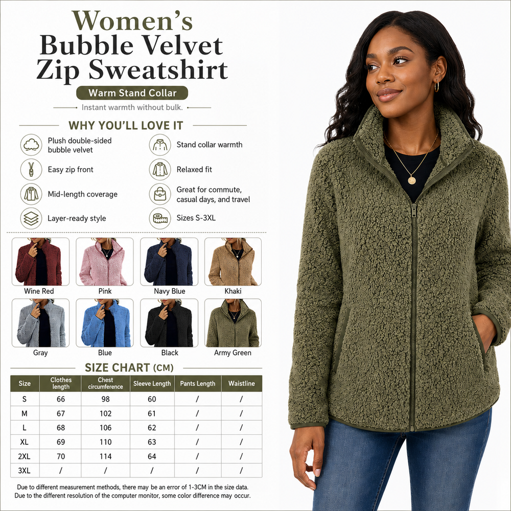 A promotional product graphic for a women's bubble velvet zip sweatshirt. The left side contains marketing text, feature icons, color options, and a size chart in centimeters.
