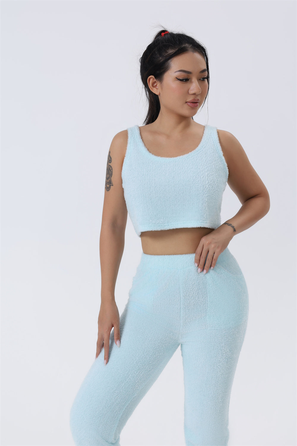 3 piece lounge set for women soft knit cardigan wide leg pants and crop top in pastel pink for cozy winter loungewear at home