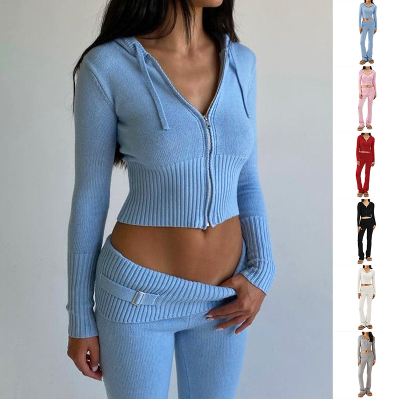 two piece set women blue top zip hoodie paired with high waist long pants easy-care polyester knit texture
