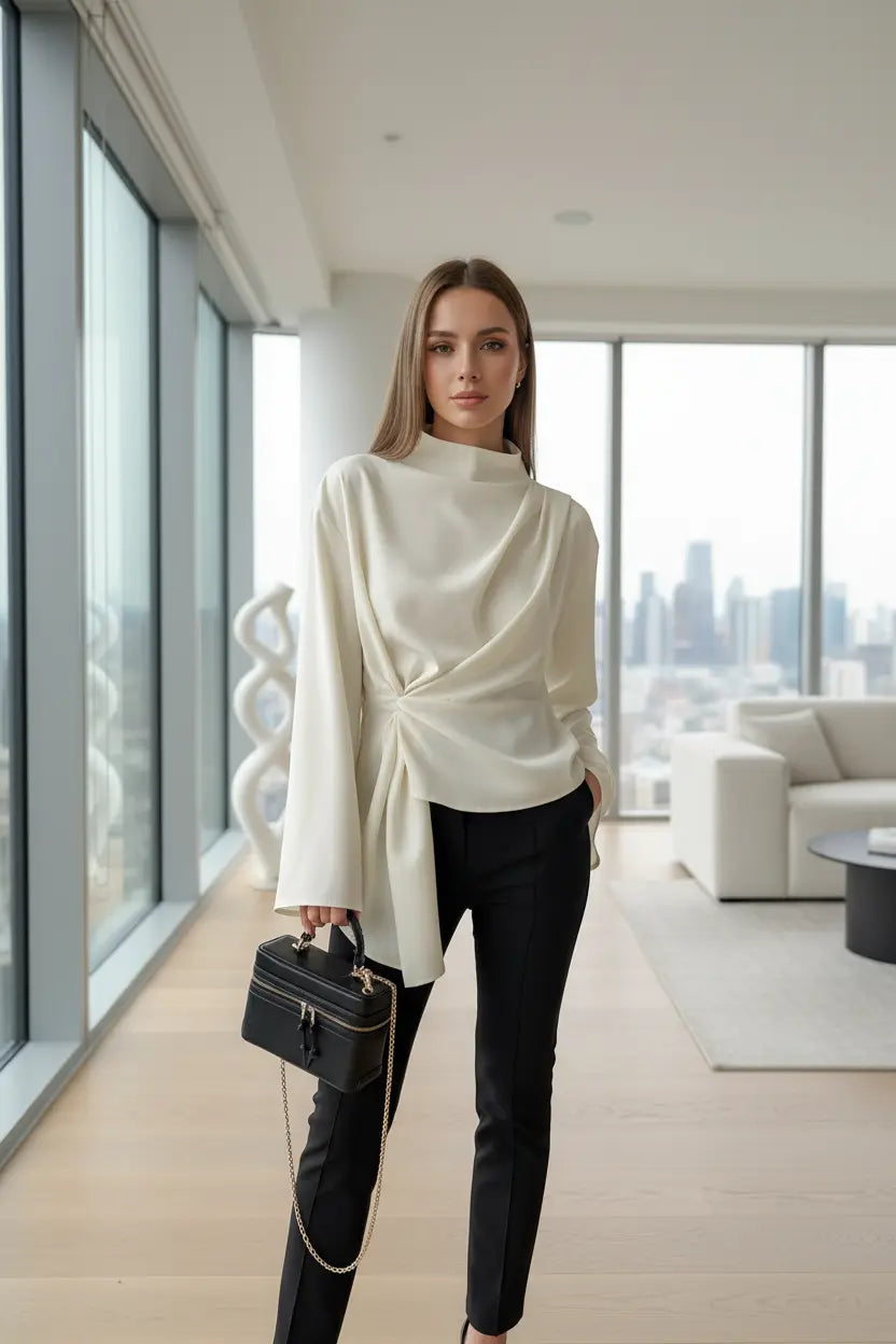 Ruched mock neck blouse asymmetrical ruching long sleeve top in solid polyester fabric styled with high-waist jeans
