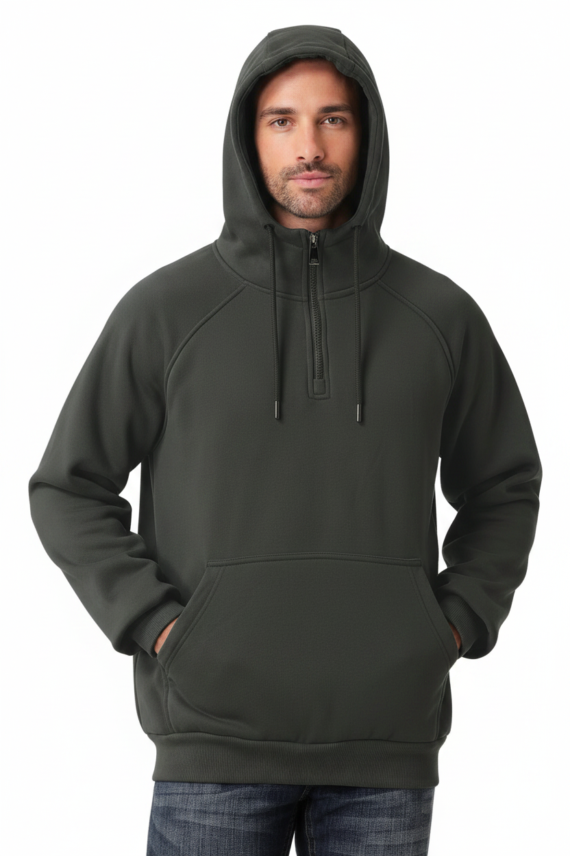 Casual men’s pullover hoodie with long sleeves and a modern half-zip neckline