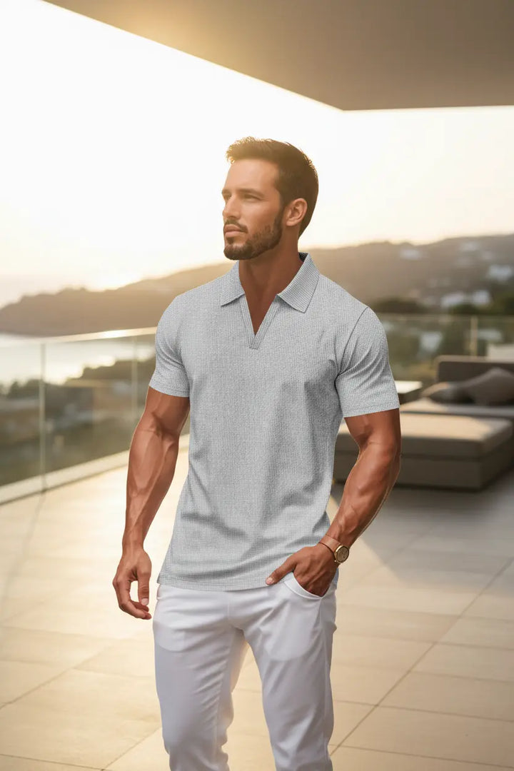 men waffle polo shirt black styled with trousers refined casual look