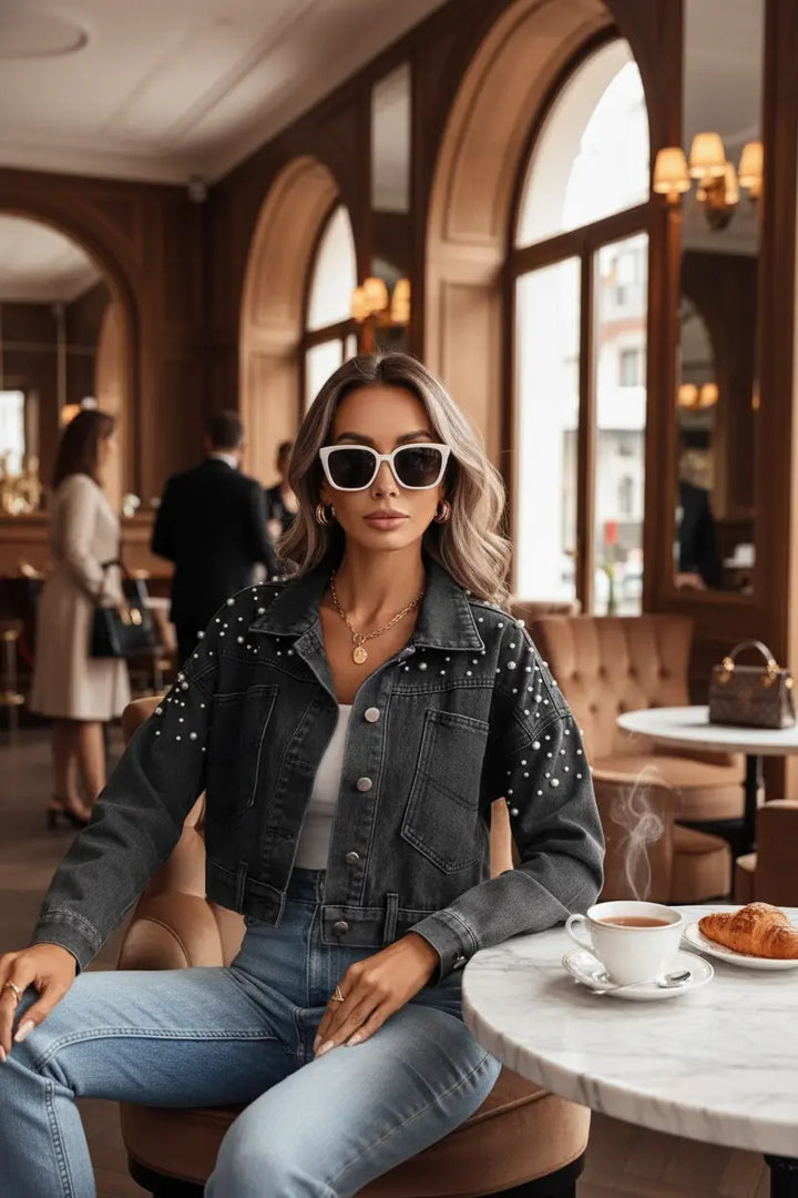 pearl denim jacket women back view structured denim fabric clean seams