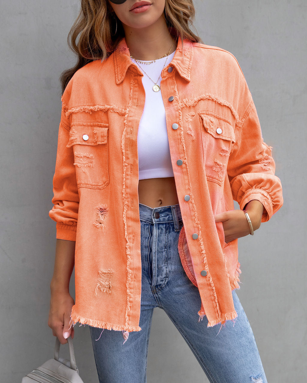 Fashion Ripped Shirt Jacket Women Loose Casual Autumn Coat