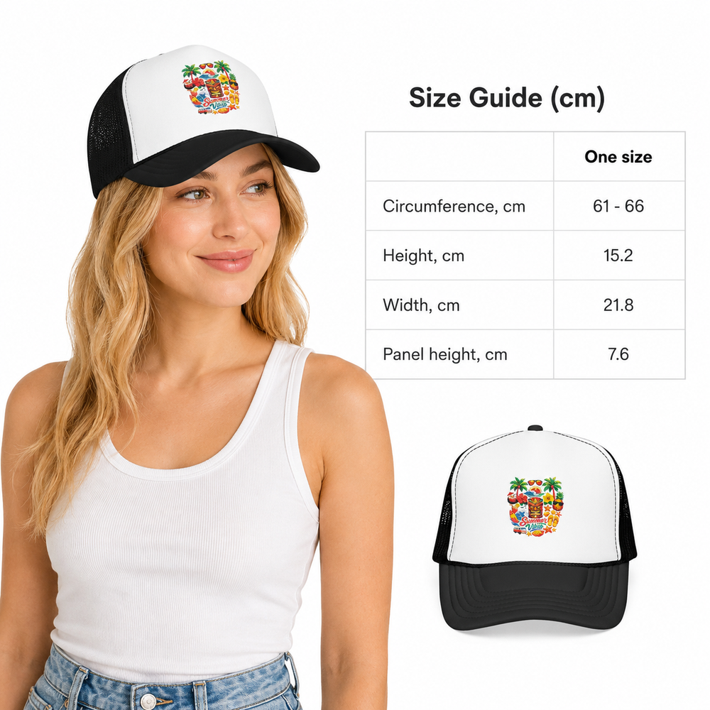 High-quality trucker cap with structured white front, black curved brim and detailed tropical Summer Vibes artwork.
