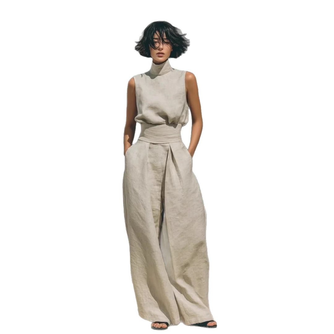 Sleeveless two piece set with stand-up collar tank top and loose straight-leg trousers in neutral tone

