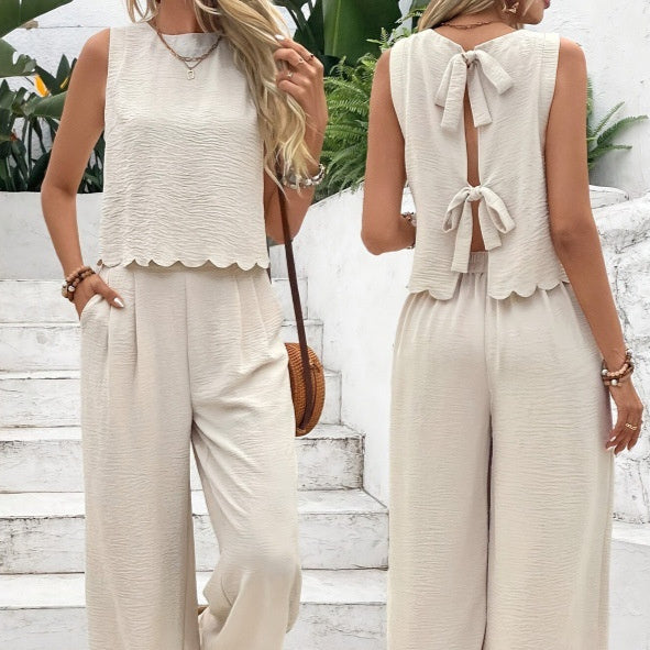 women casual matching set sleeveless vest trousers minimal style