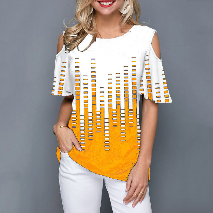 Off shoulder printed top with polyester fiber main composition