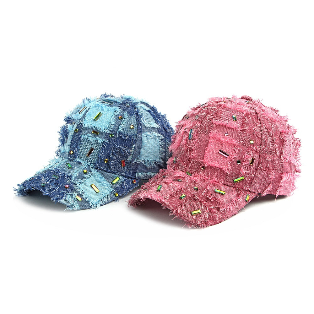Unisex fashion baseball cap with patchwork design and embellished details presented on professional studio model for online store
