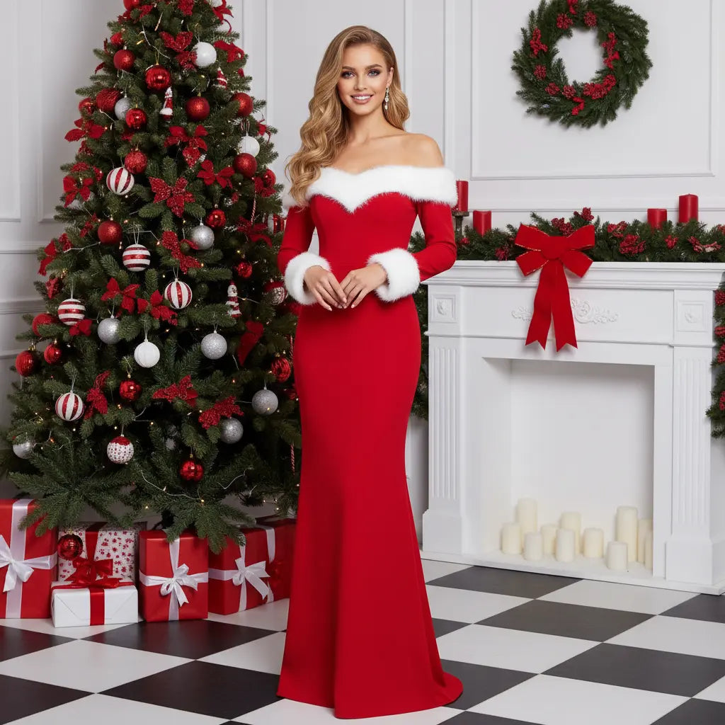 Off Shoulder Christmas Maxi Dress – Festive Chic Style!