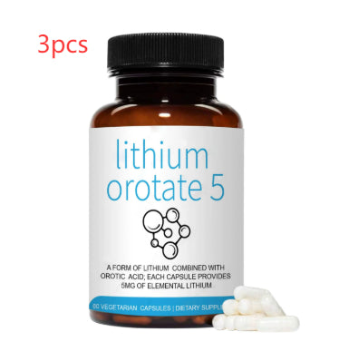lithium capsules close-up white pills beside bottle health context