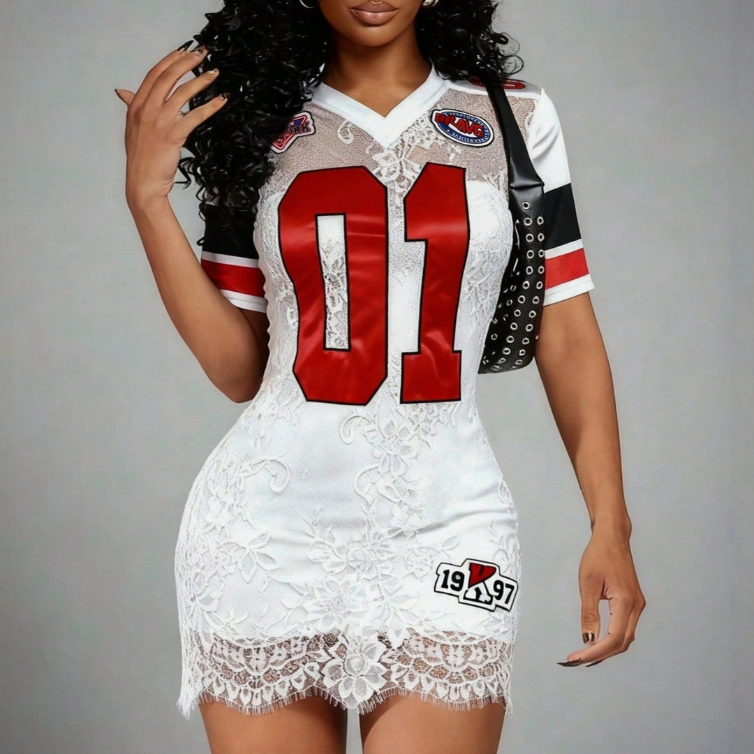 A-line lace dress short sleeves tailored shoulder fit