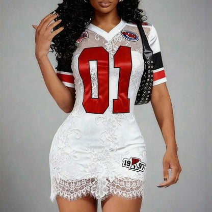 A-line lace dress short sleeves tailored shoulder fit