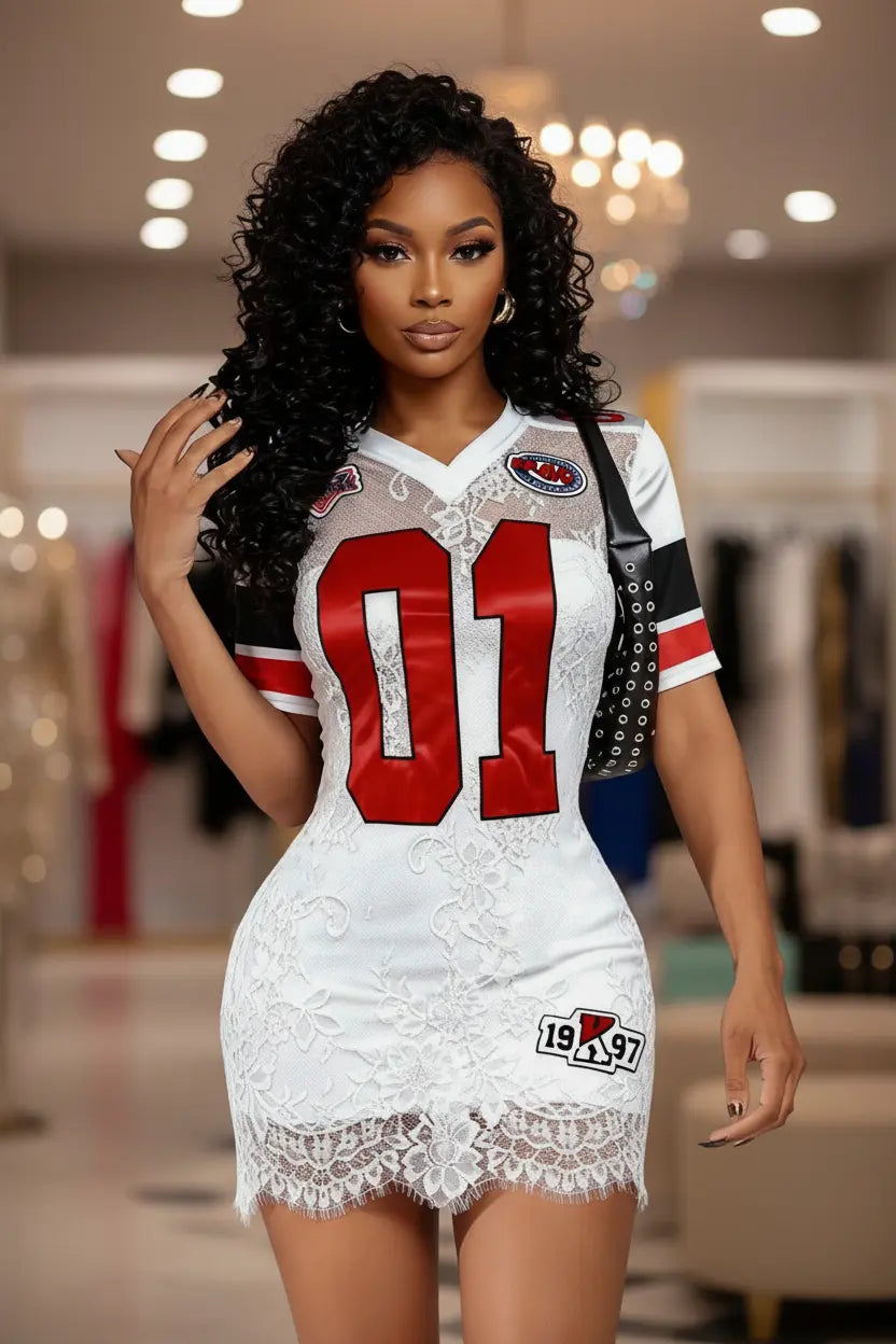 lace embroidered short dress back view clean lines elegant finish