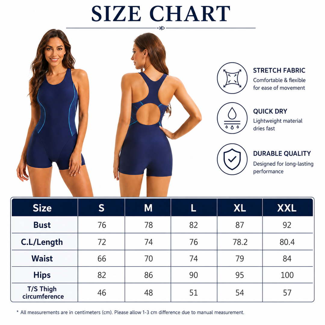 Women’s one piece swimsuit with boxer short coverage