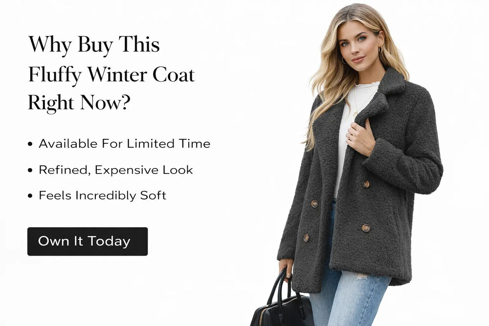 Fluffy Winter Coat relaxed silhouette styled with knit sweater and boots urban lifestyle setting