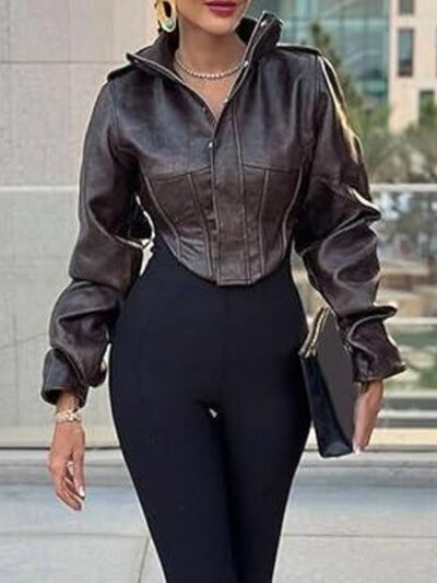 slim vintage leather jacket women modern casual style