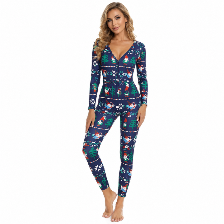 Dark blue festive jumpsuit for women with slim fit shape, deep V neckline and playful Christmas print for holiday looks