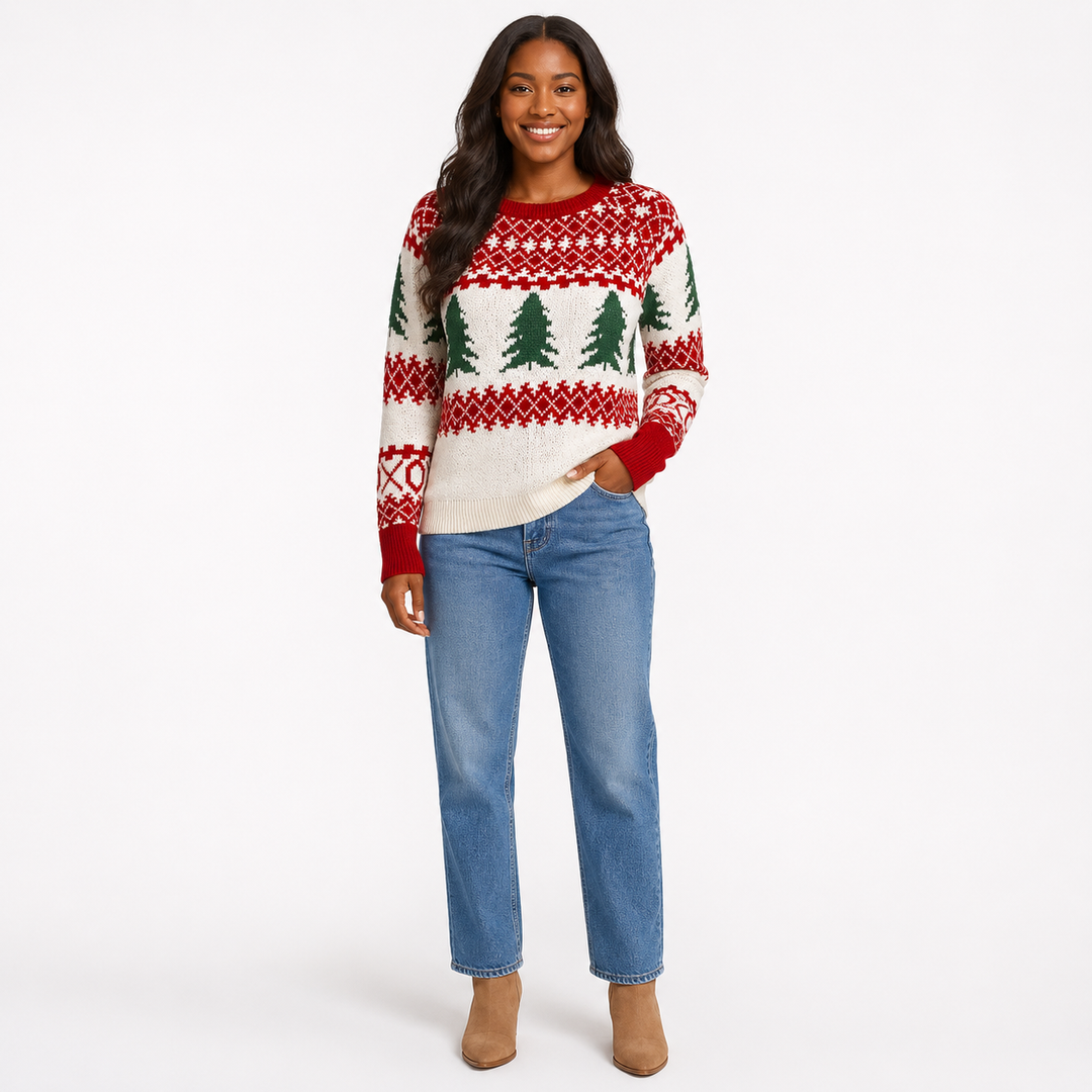 Festive Christmas tree sweater for women with ribbed details and a round neckline, designed for relaxed holiday wear all day.
