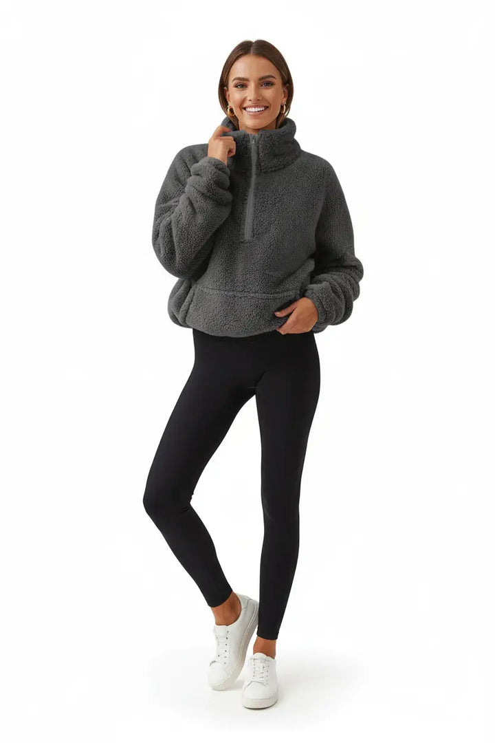 velvet fleece half zip sweater white color front view casual city setting