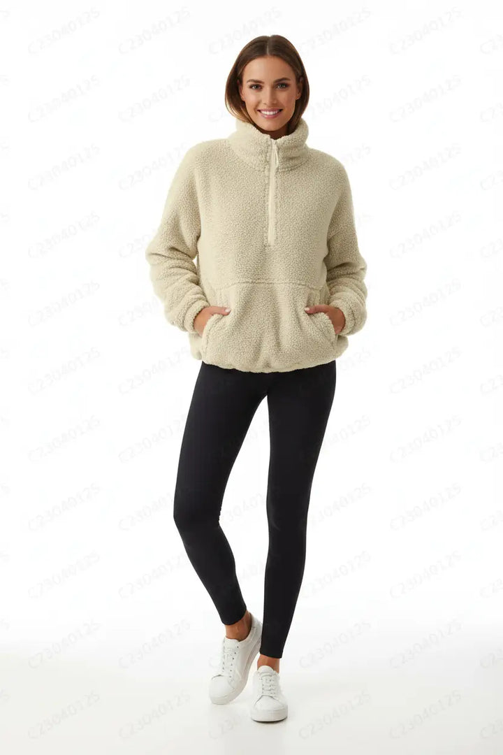 velvet fleece half zip sweater matcha tone soft texture close up studio