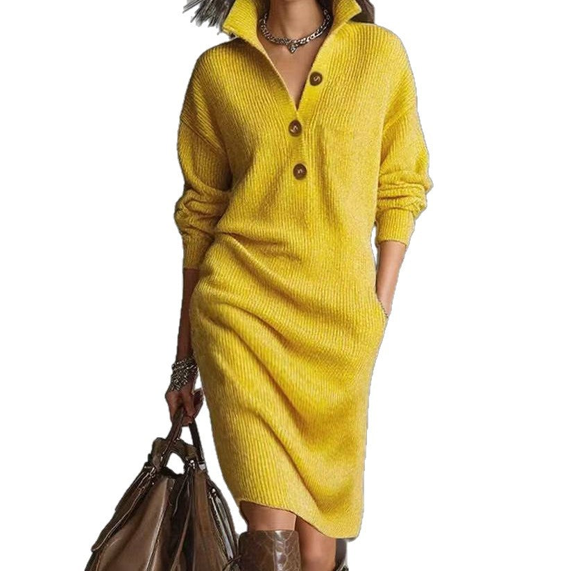 Yellow long sleeve sweater dress with stand-up collar and buttons, bright soft knit winter choice for stylish city women
