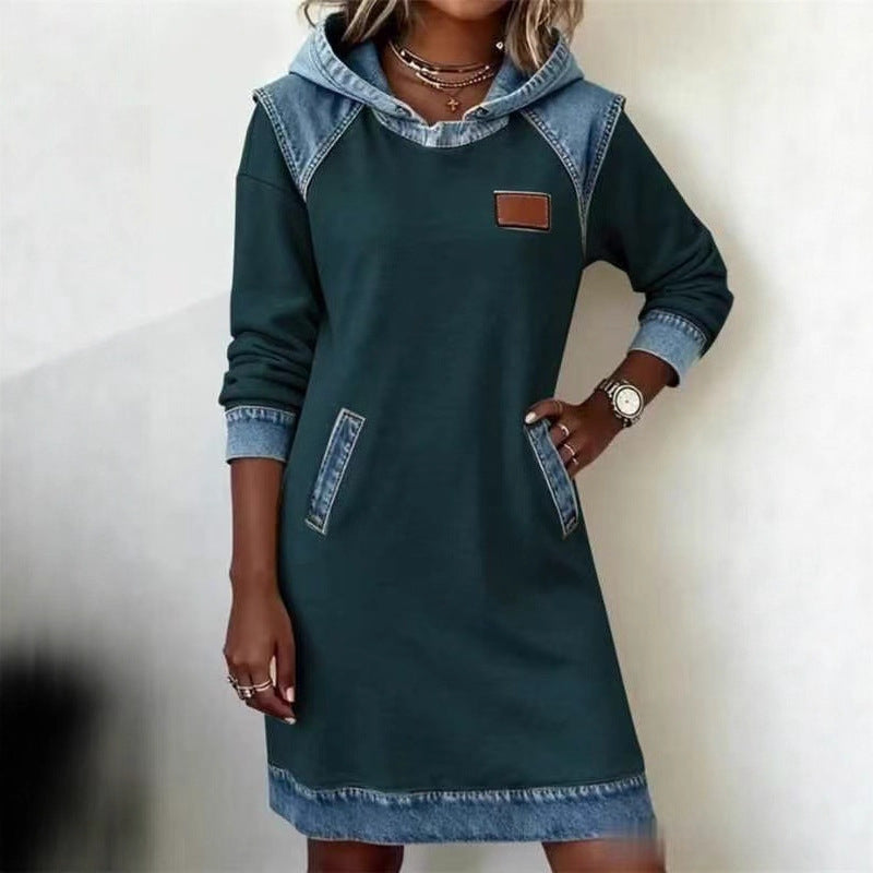 Denim Color Matching Ladies Hoodie Skirt Set Style Elite