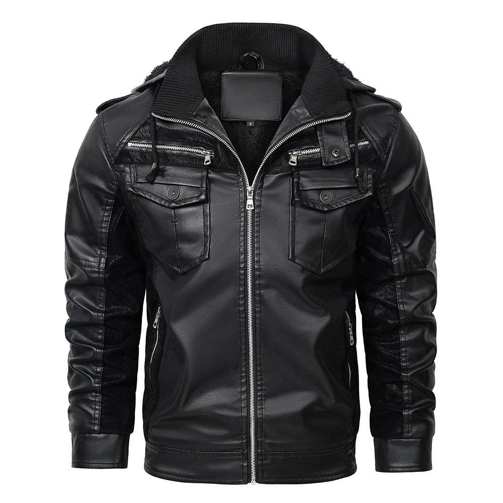 PU leather jacket men fleece lined motorcycle riding urban commute