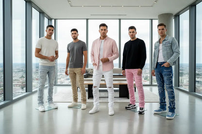 men's stacked jeans slim stacked silhouette in blue with ripped details and fringe accents for Y2K street style
