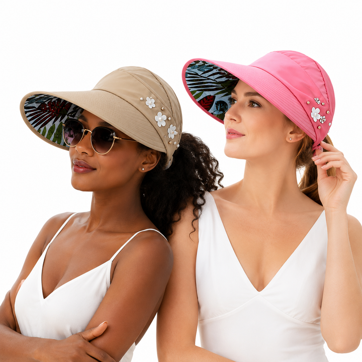 Women summer sun hat with broad visor brim, flower accents, ponytail opening, and breathable look for sunny outdoor days
