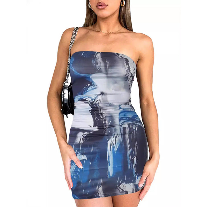 Strapless Bodycon Dress with Printed Short Fitted Style