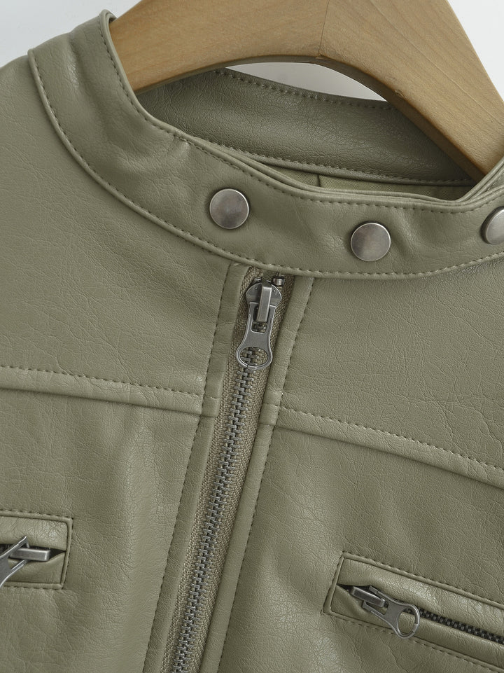 Gray Green jacket collar close-up, on a wooden hanger, with three round silver studs and front zipper detail in close detail.
