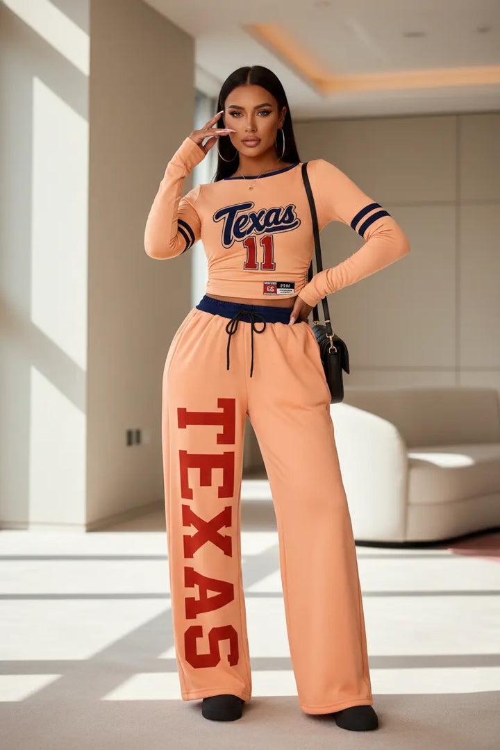 women’s street style set short top high waist pants modern city background