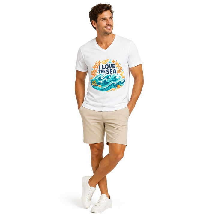 Close-up of I Love the Sea print on white cotton V-neck tee with bright coastal colors