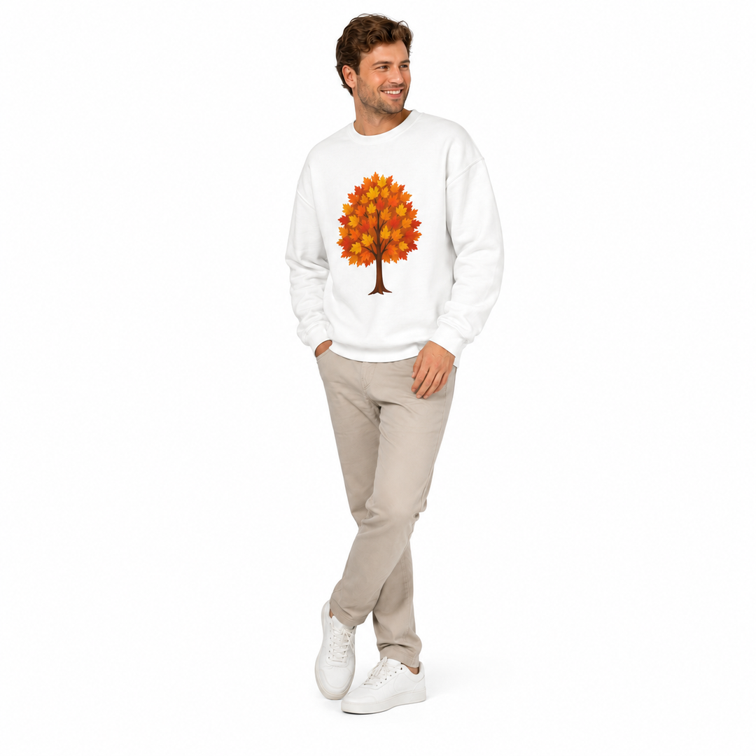 Unisex autumn tree crewneck paired with casual basics for bonfire nights, porch evenings and relaxed weekend layering in fall