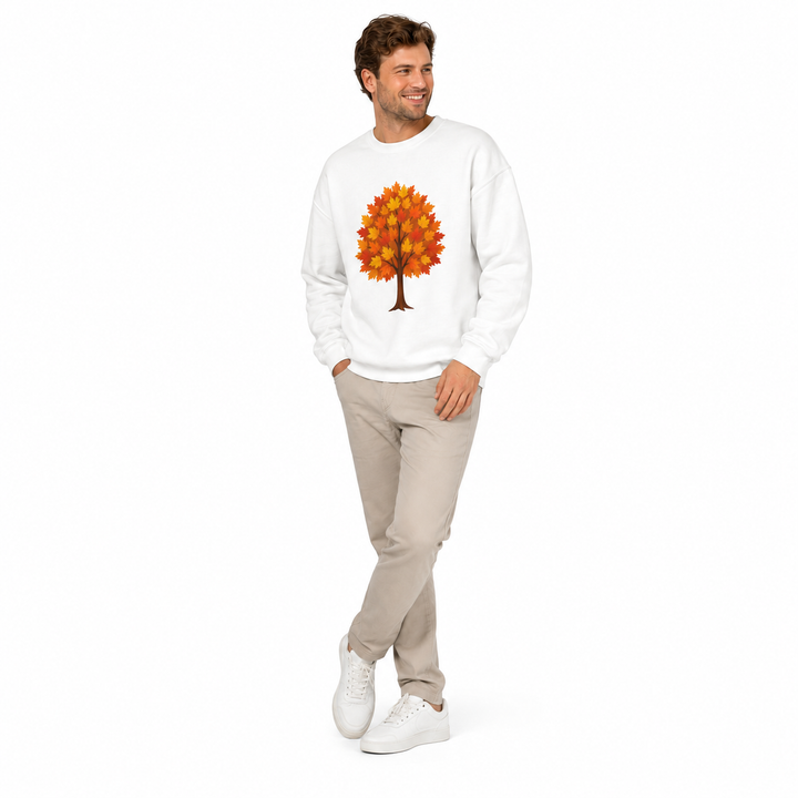 Unisex autumn tree crewneck paired with casual basics for bonfire nights, porch evenings and relaxed weekend layering in fall