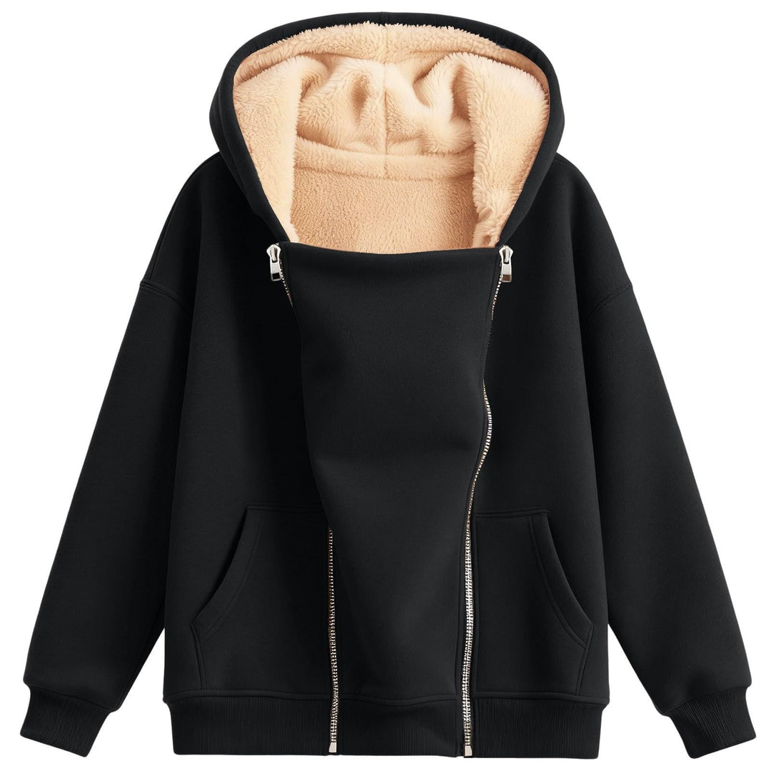 Black hoodie in a supplier front view, showing cream hood lining, two silver zippers, angled pockets and ribbed sleeve cuffs.
