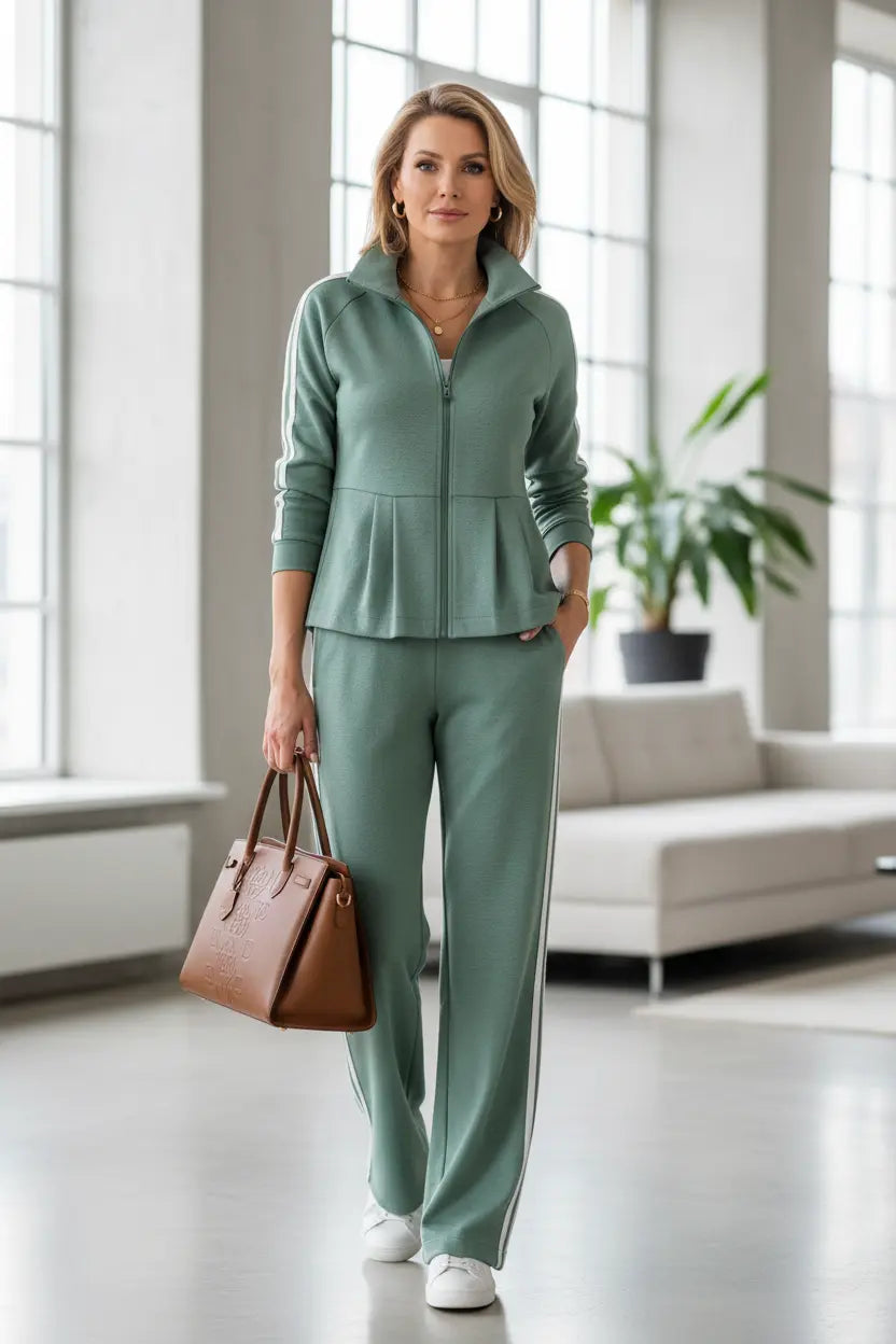 Stand collar sweatshirt set women half zip detail close-up styling