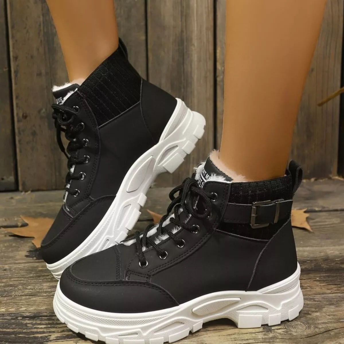 Side view of low heel combat boots women featuring 7-eyelet speed lacing system