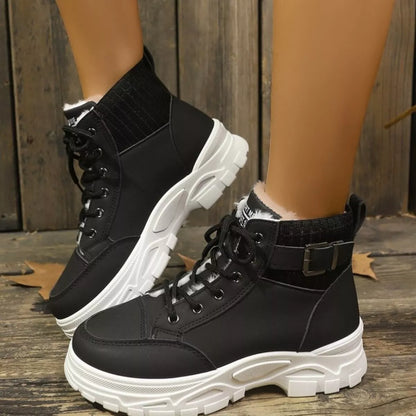 Side view of low heel combat boots women featuring 7-eyelet speed lacing system