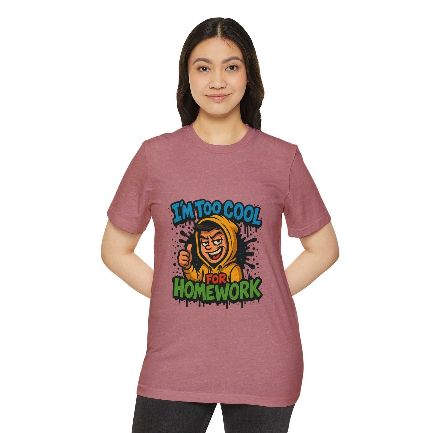 Eco-friendly mauve tee with cool homework graphic