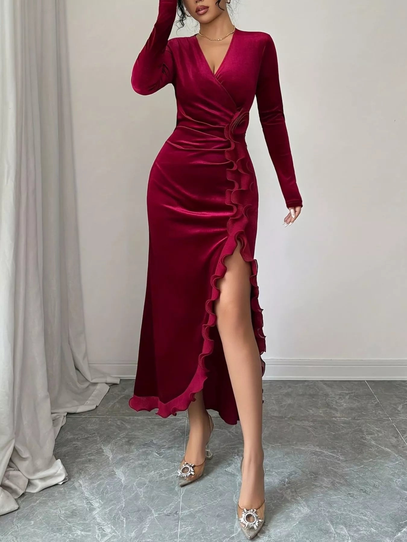 Ruffled surplice long sleeve dress front view showcasing wrap construction