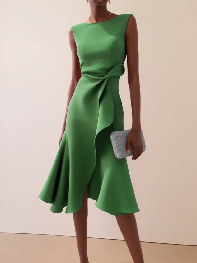 Long polyester dress with sleeveless shape, solid color and pullover styling - PrintOne1 product image 7 for style reference.