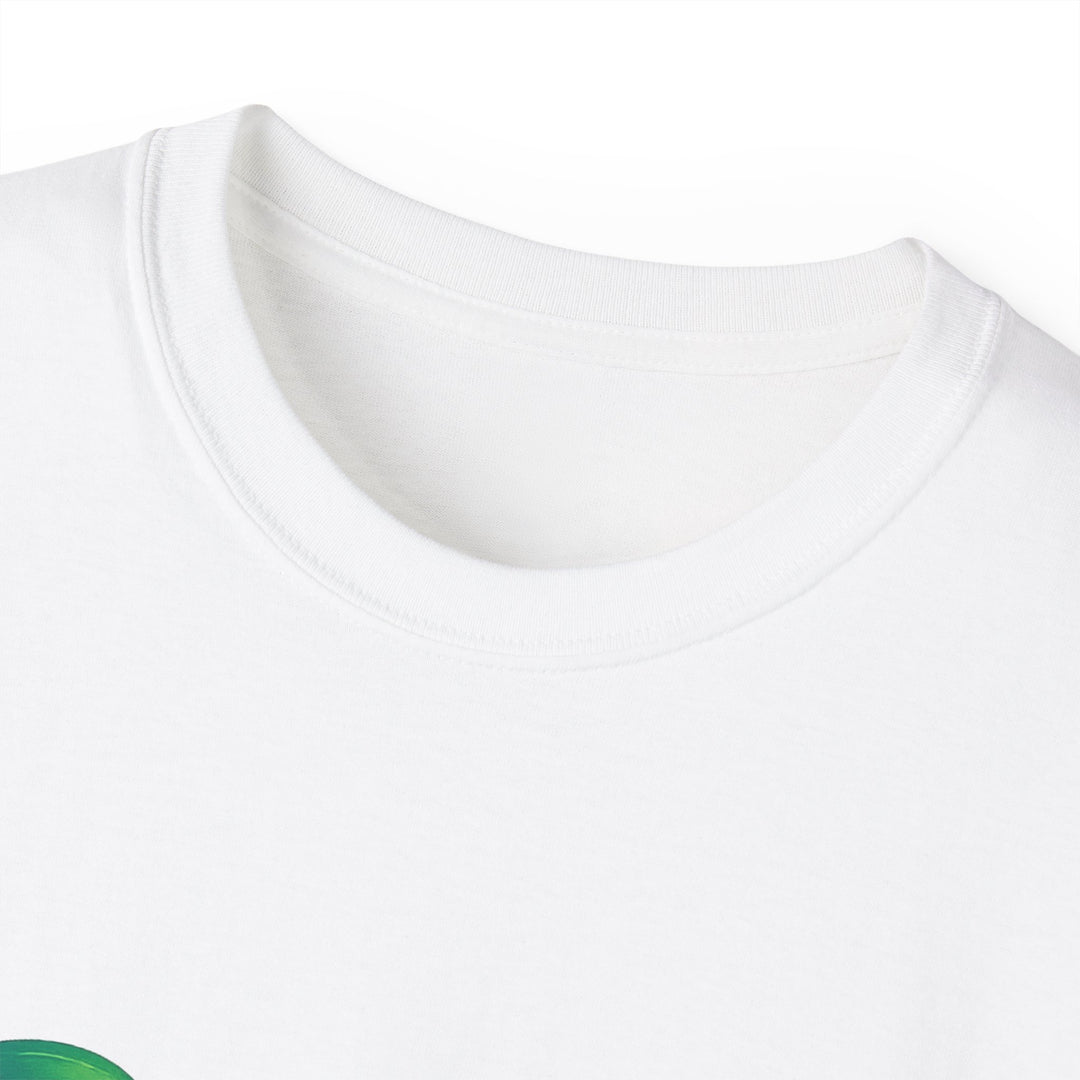 Close-up of a white t-shirt with a green logo on a white background